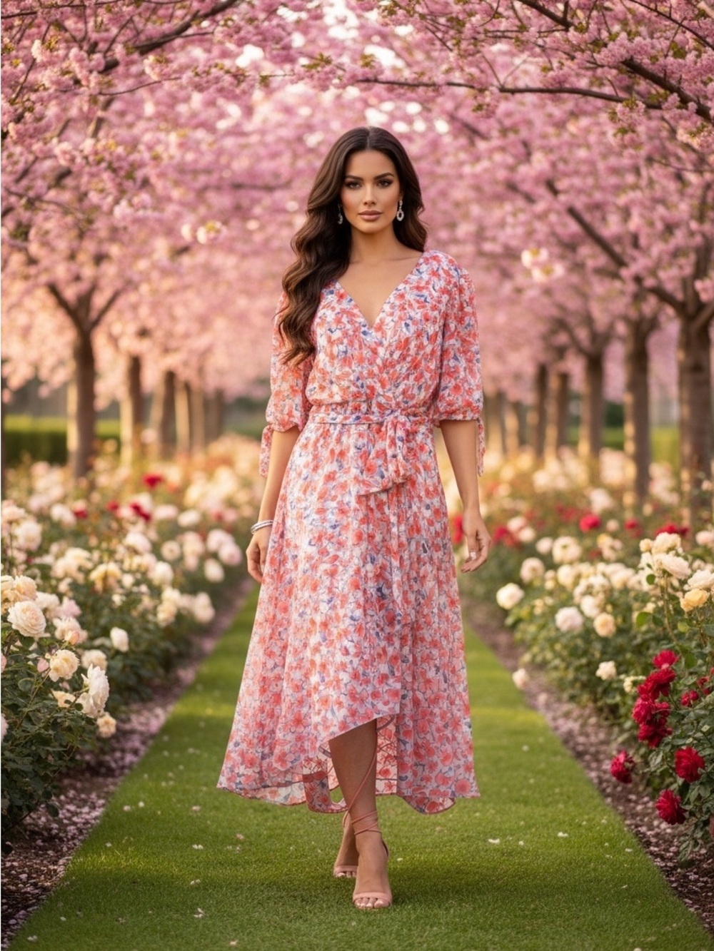 Tommy Hilfiger Coral Floral High-Low Wrap Dress